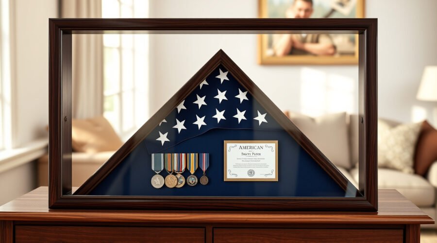Folded flag and medals displayed in a dark wood memorial shadow box