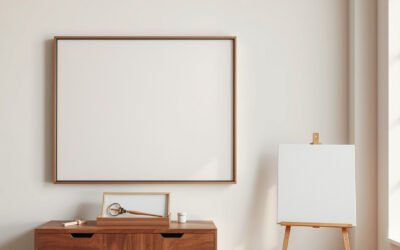 Stretched canvas in a floating frame on a gallery wall with visible shadow gap