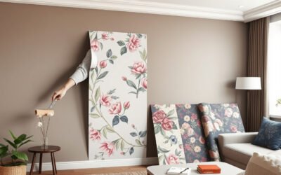 Floral peel-and-stick wallpaper being installed on a modern accent wall