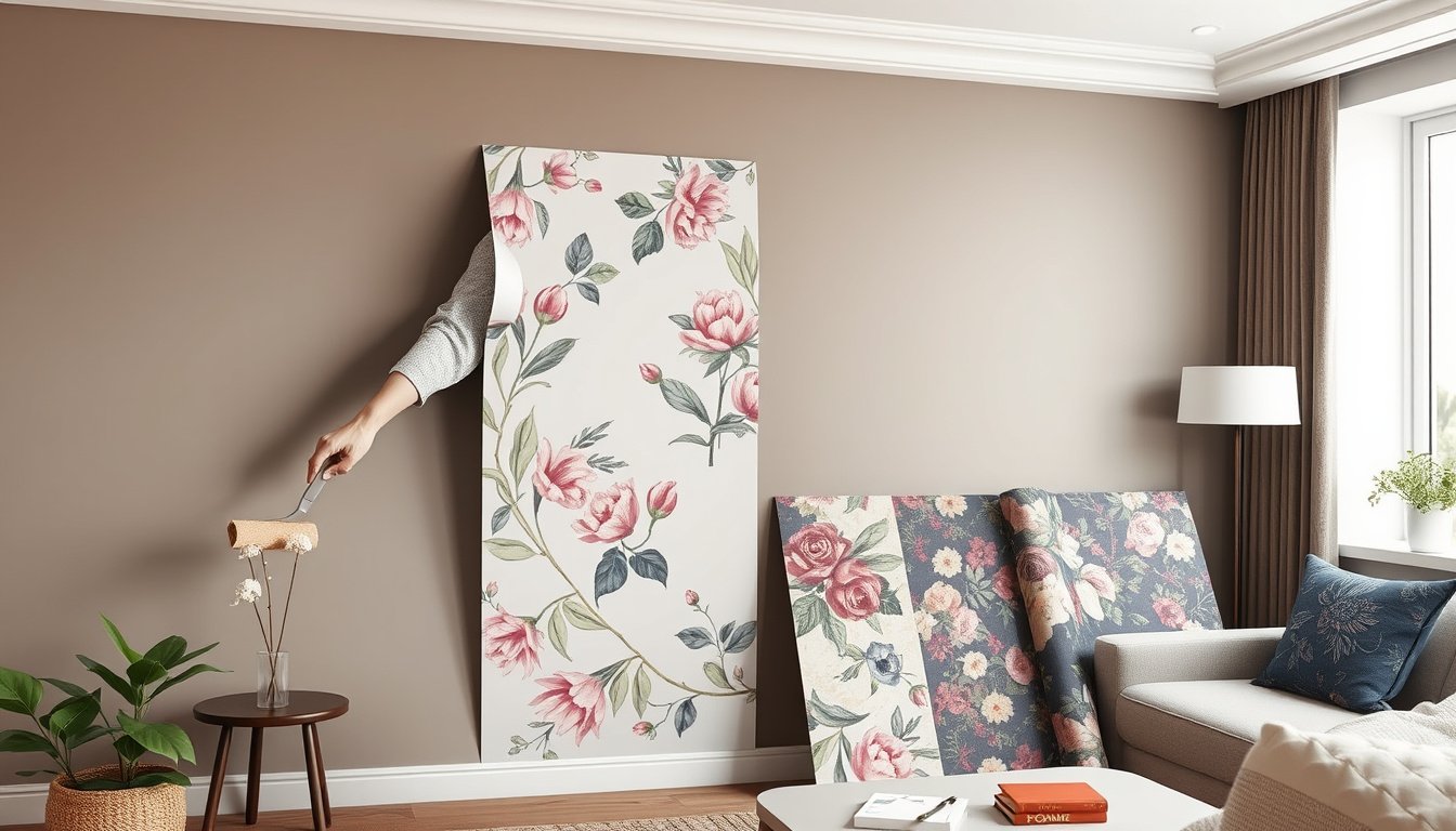 Floral peel-and-stick wallpaper being installed on a modern accent wall