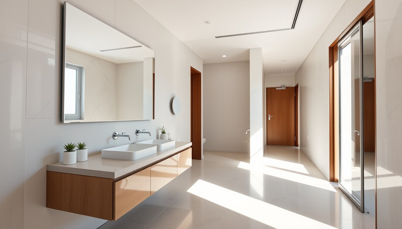 Modern bathroom with frameless wall mirrors reflecting natural light and open space