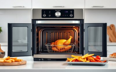 French door air fryer oven on a kitchen counter cooking chicken, fries, and vegetables
