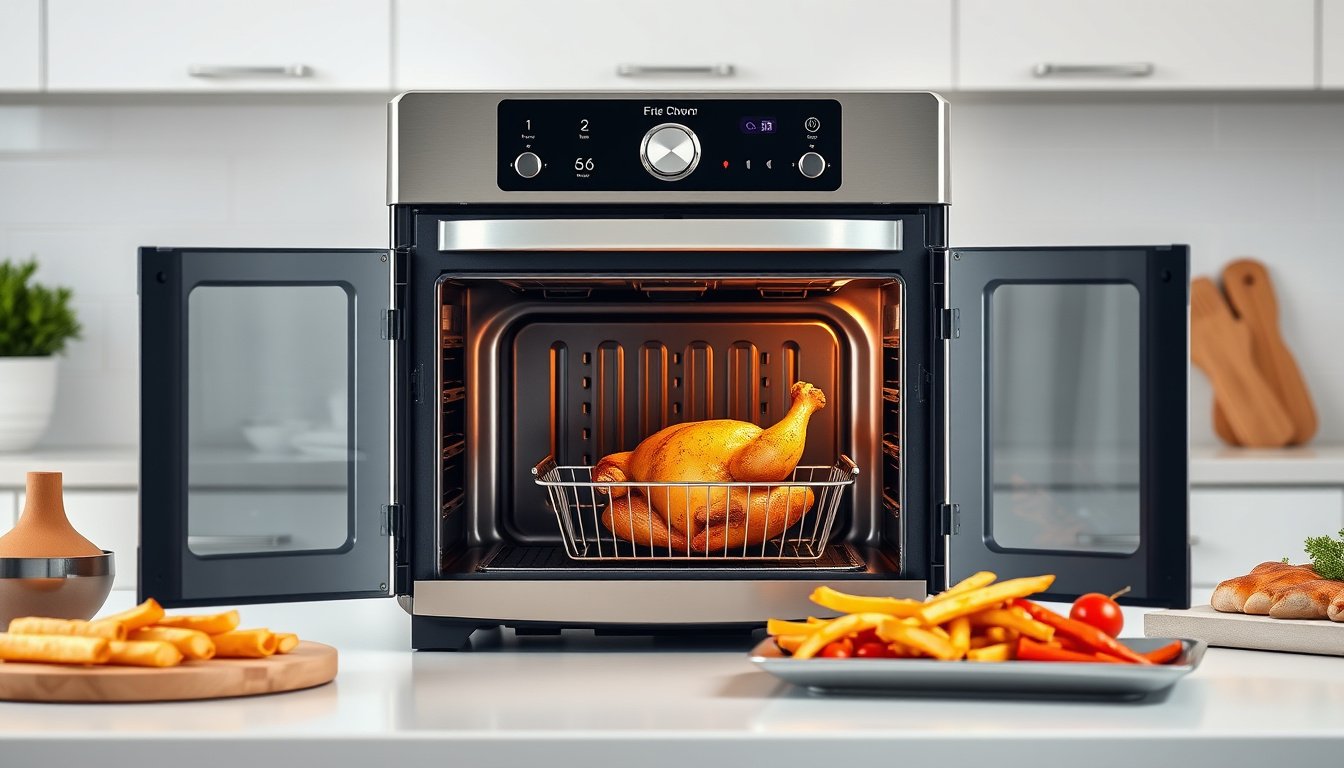 French door air fryer oven on a kitchen counter cooking chicken, fries, and vegetables