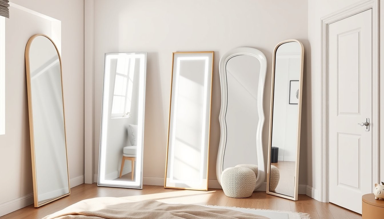 Modern bedroom with several full-length mirror styles and a small piggy bank in natural light