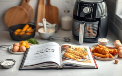 Open cookbook beside an air fryer with gluten-free ingredients and crispy cooked food