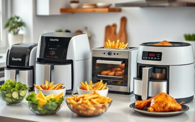 Gama de freidoras de aire modernas en una encimera de cocina con comida crujiente alrededor
