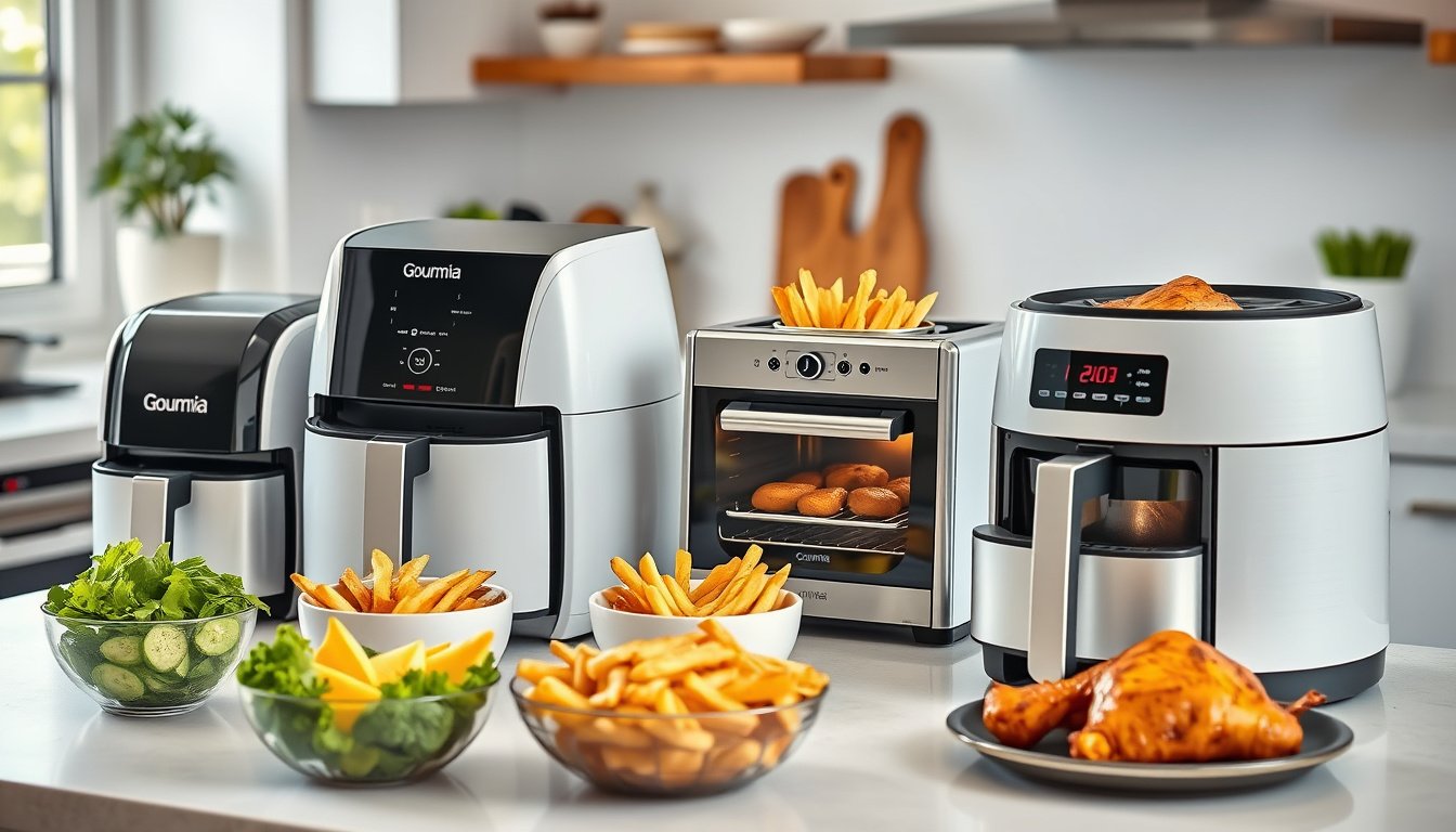Gama de freidoras de aire modernas en una encimera de cocina con comida crujiente alrededor