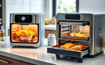 Two modern air fryers on a kitchen counter cooking crispy food with visible ceramic trays