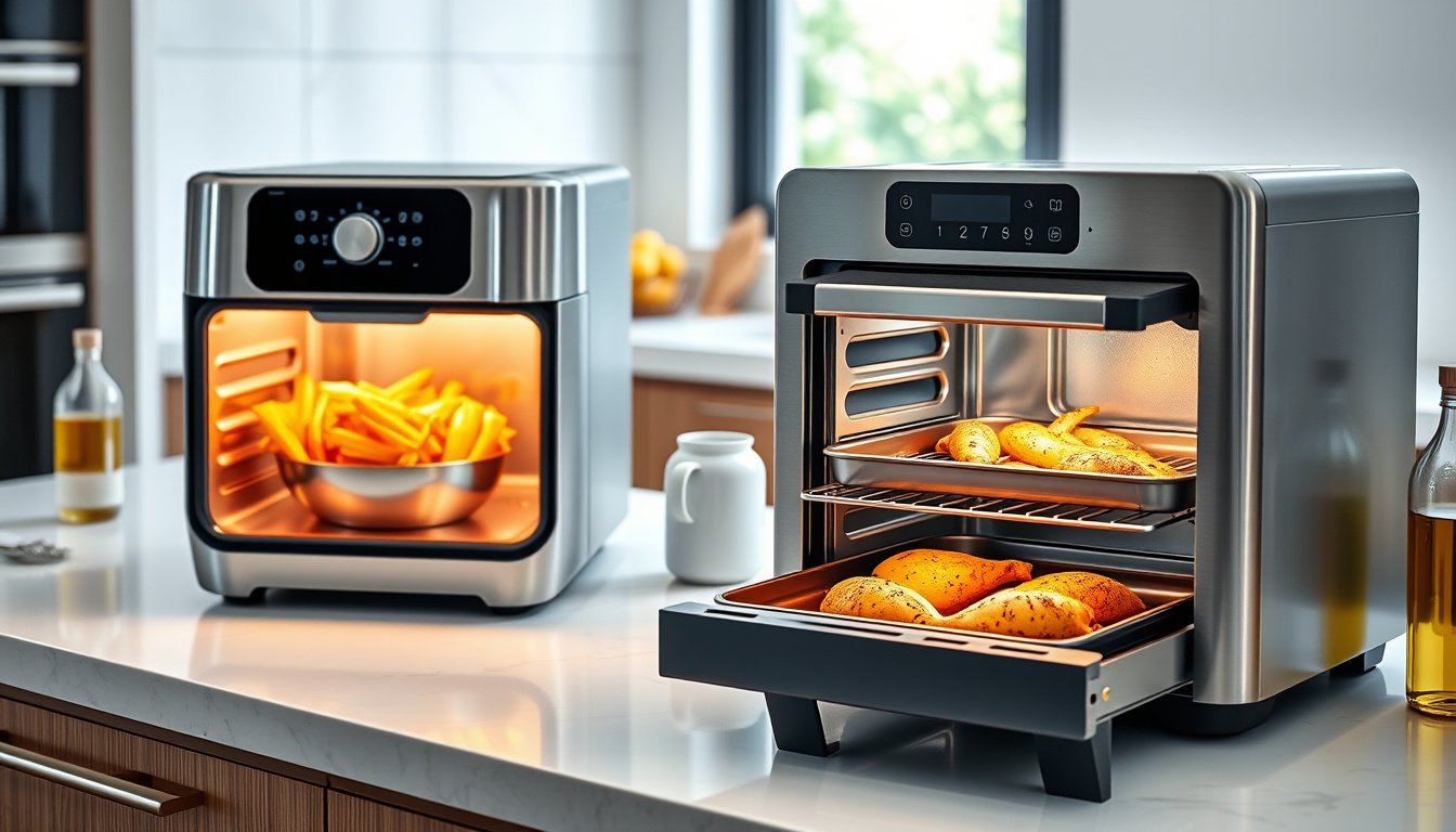 Two modern air fryers on a kitchen counter cooking crispy food with visible ceramic trays