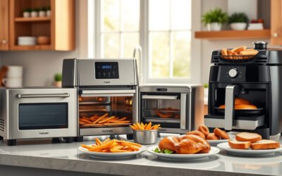 Four countertop air fryer toaster ovens with crispy foods in a bright modern kitchen