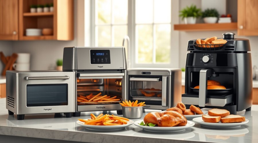 Four countertop air fryer toaster ovens with crispy foods in a bright modern kitchen