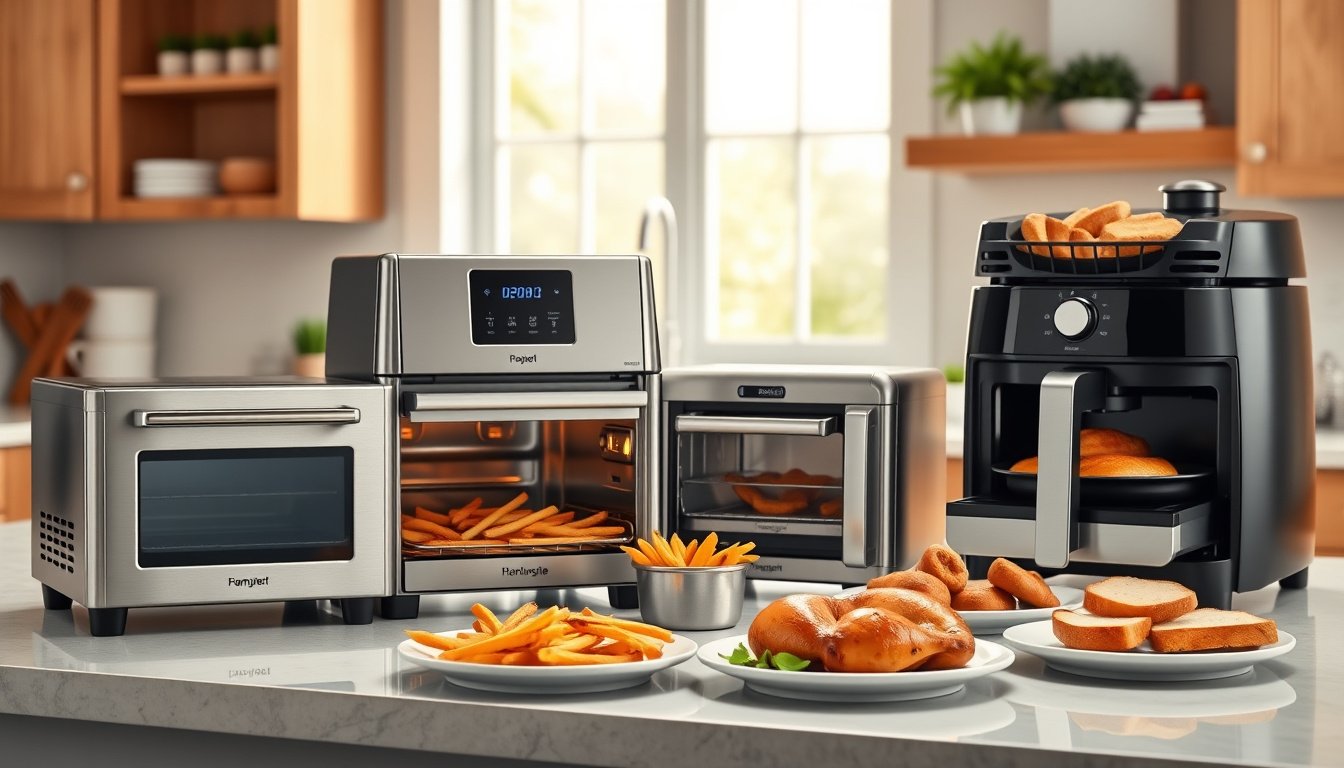 Four countertop air fryer toaster ovens with crispy foods in a bright modern kitchen