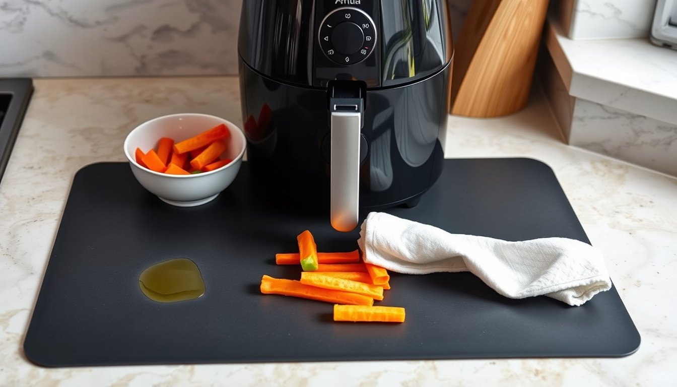 Air fryer on a heat-resistant countertop mat in a clean kitchen