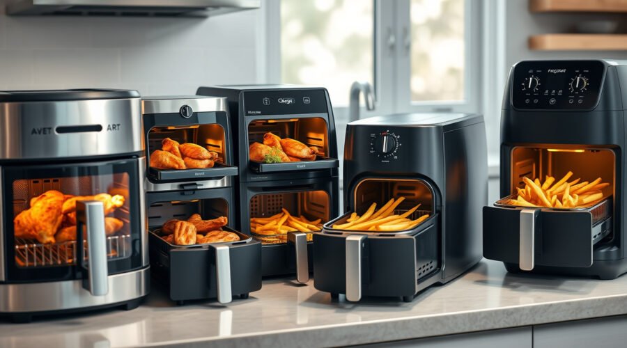 Modern air fryers on a kitchen counter with crispy foods for a high-temperature model comparison