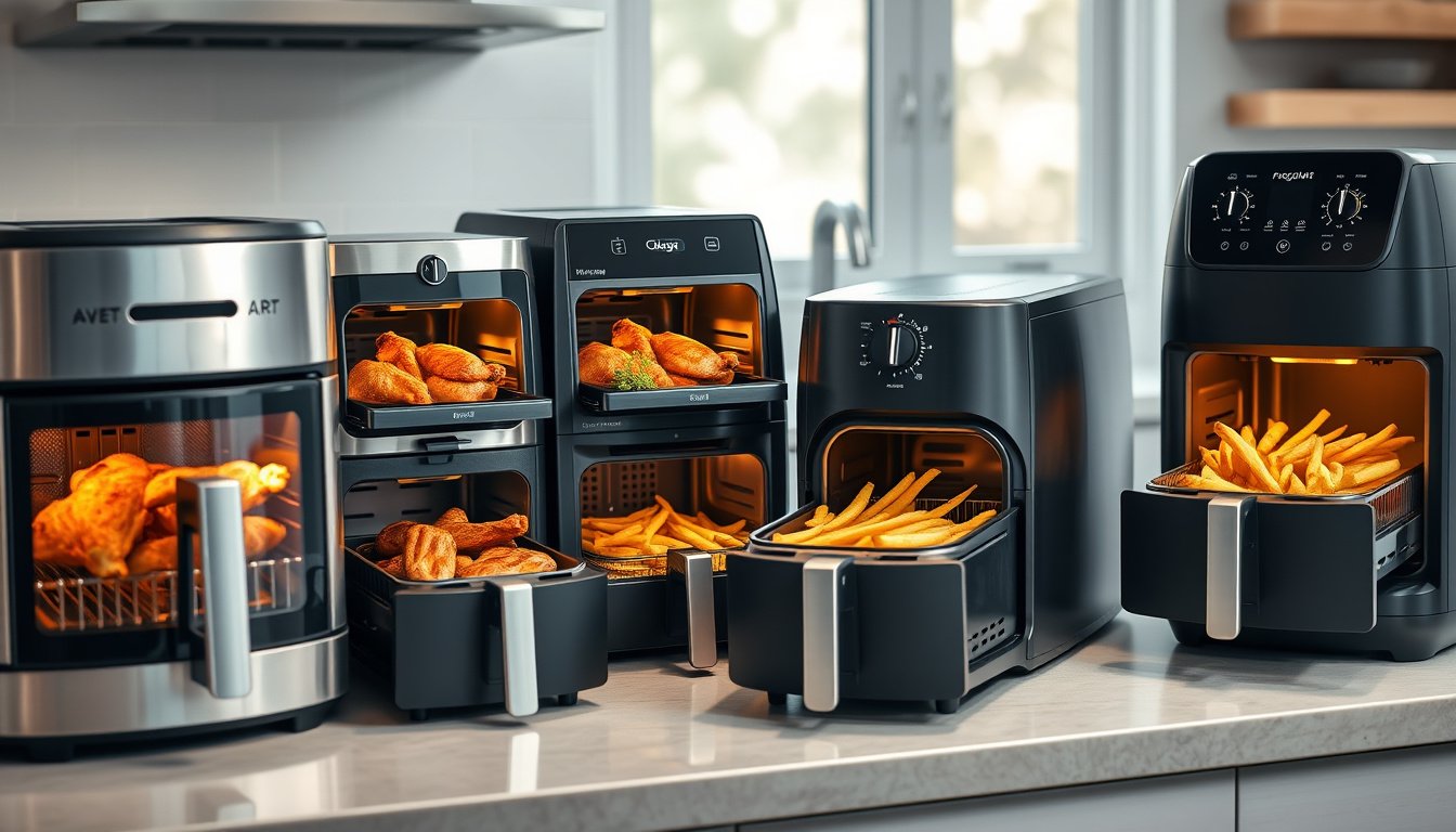 Modern air fryers on a kitchen counter with crispy foods for a high-temperature model comparison
