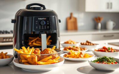 Instant Pot-style air fryer on a kitchen counter with crispy food and roasted vegetables