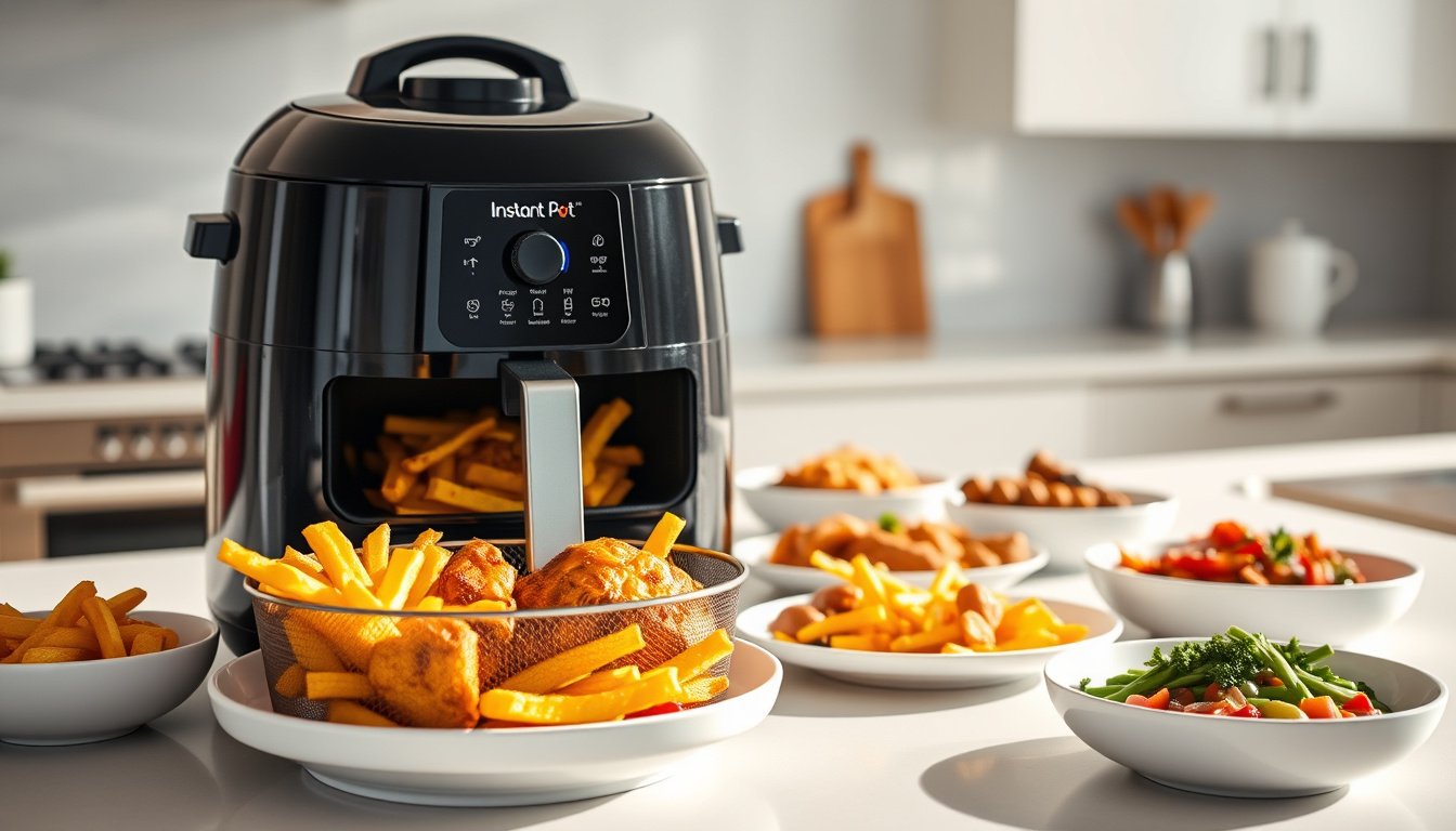 Instant Pot-style air fryer on a kitchen counter with crispy food and roasted vegetables