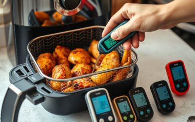 Instant-read thermometer checking chicken in an air fryer basket