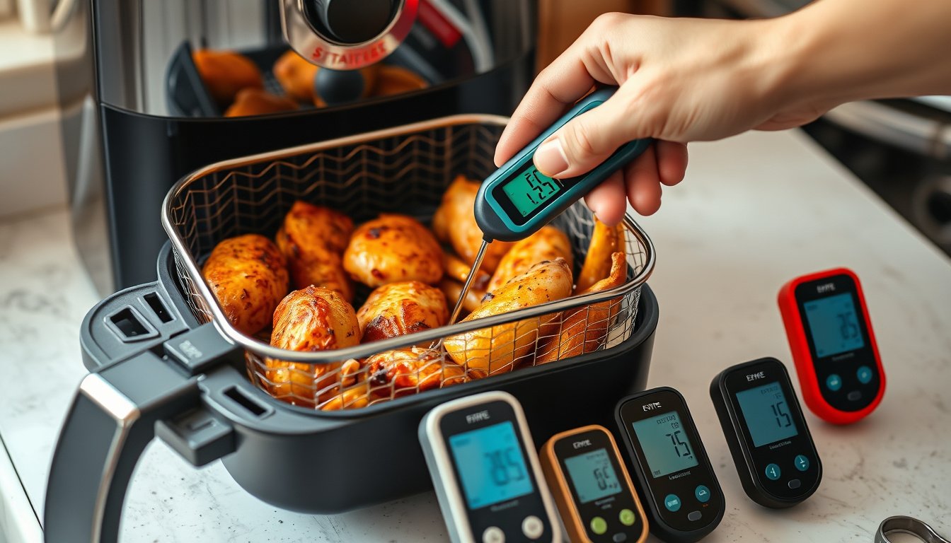 Instant-read thermometer checking chicken in an air fryer basket
