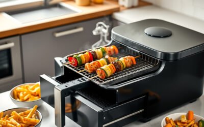 Air fryer accessories with grill rack, crisper tray, skewers, and roasted food on a kitchen counter