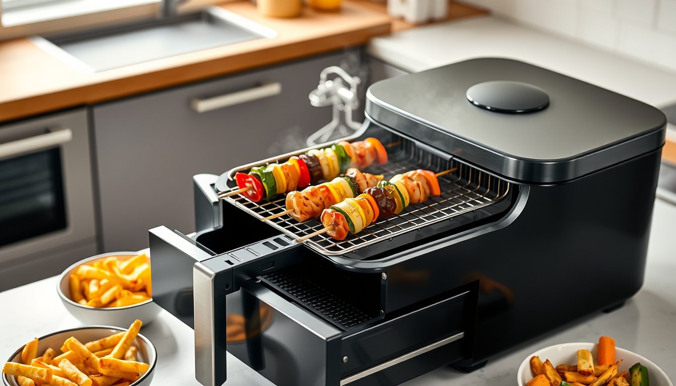 Air fryer accessories with grill rack, crisper tray, skewers, and roasted food on a kitchen counter