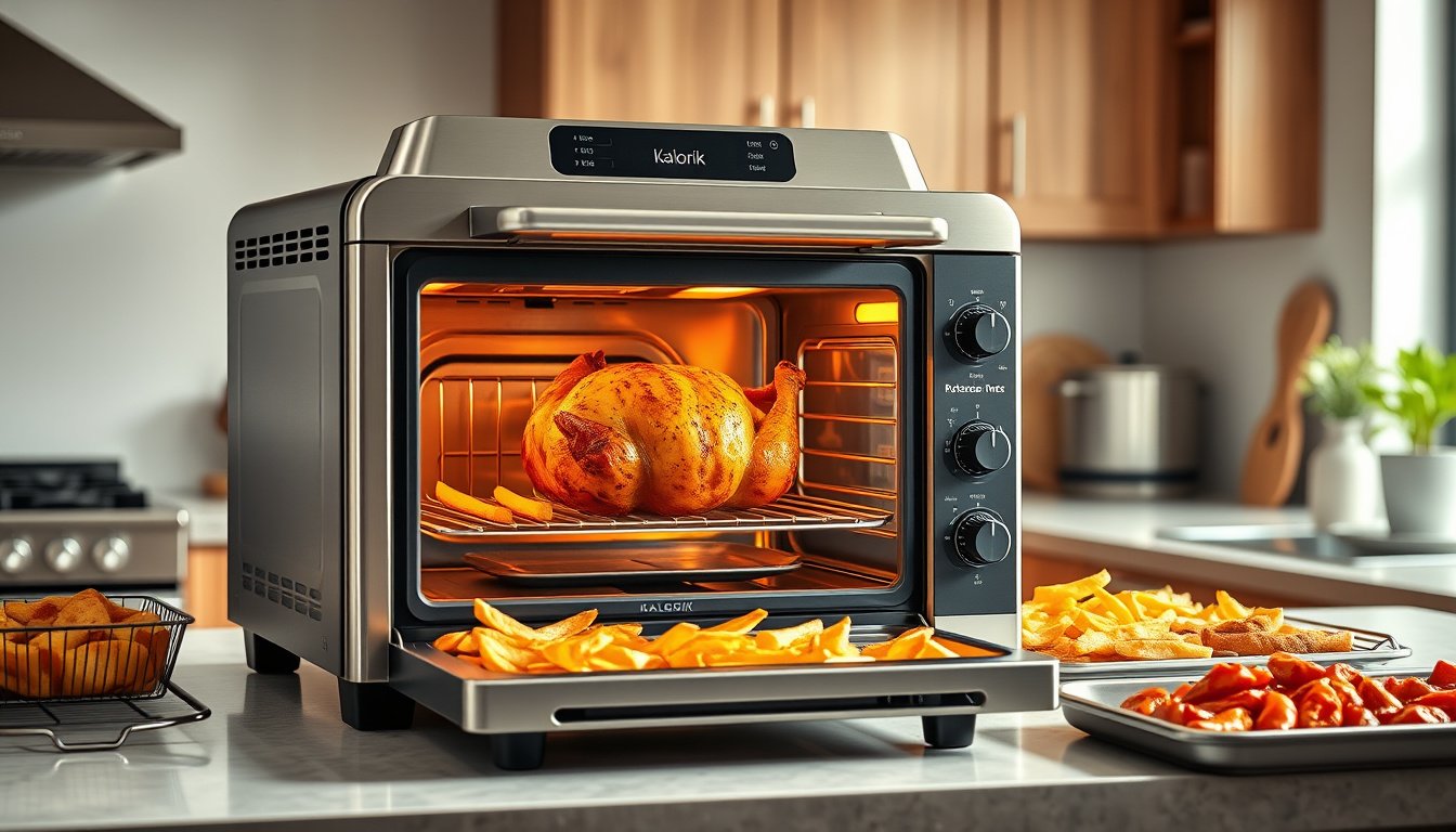Stainless steel air fryer oven with French doors, rotisserie chicken, fries, and roasted vegetables on a kitchen counter