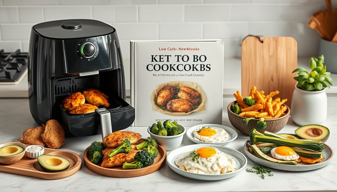Air fryer beside keto cookbooks and low-carb meals on a bright kitchen counter