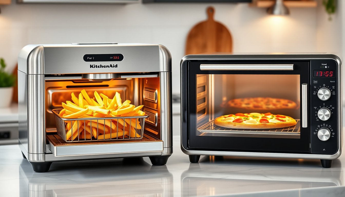 Two countertop air fryer toaster ovens cooking fries and pizza in a bright modern kitchen