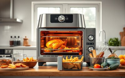 Large air fryer toaster oven cooking roast chicken, vegetables, and fries on a kitchen counter