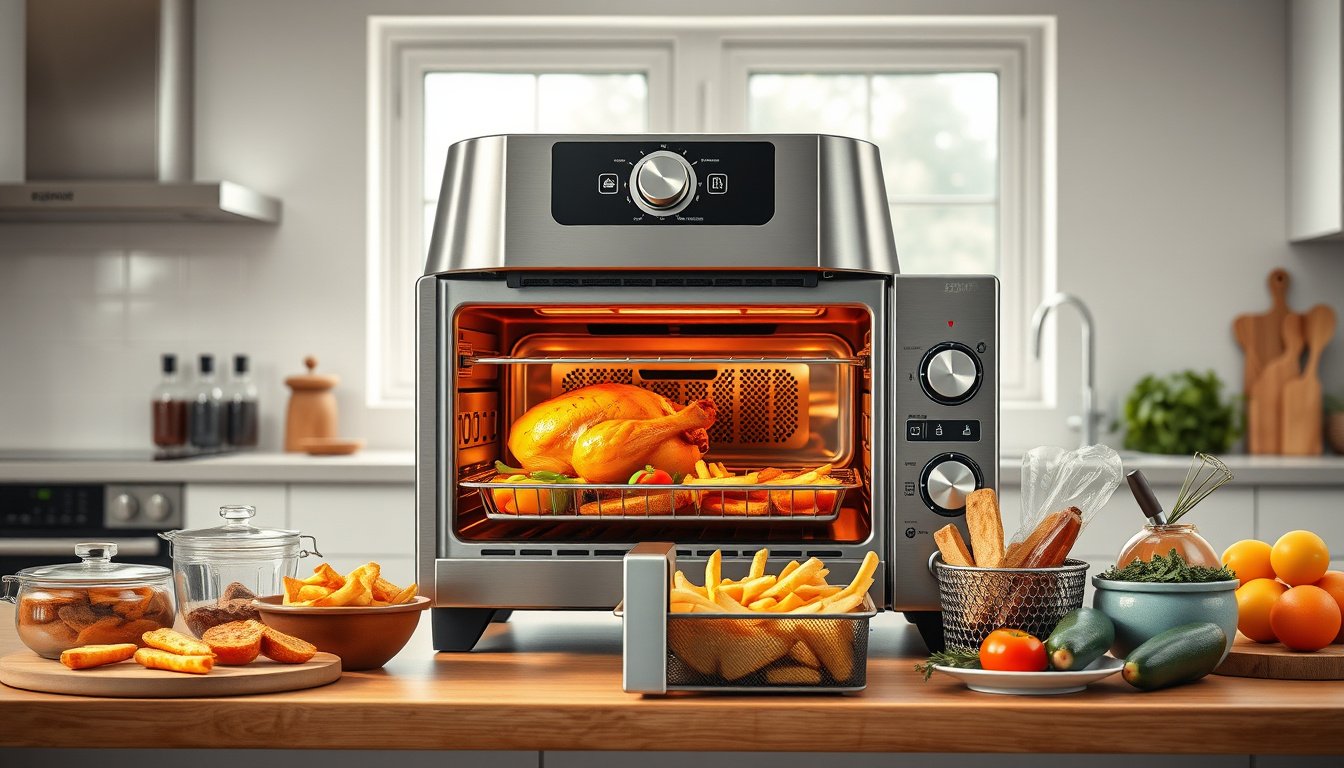 Large air fryer toaster oven cooking roast chicken, vegetables, and fries on a kitchen counter