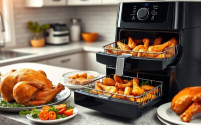 Large dual-basket air fryer cooking wings and vegetables in a bright modern kitchen