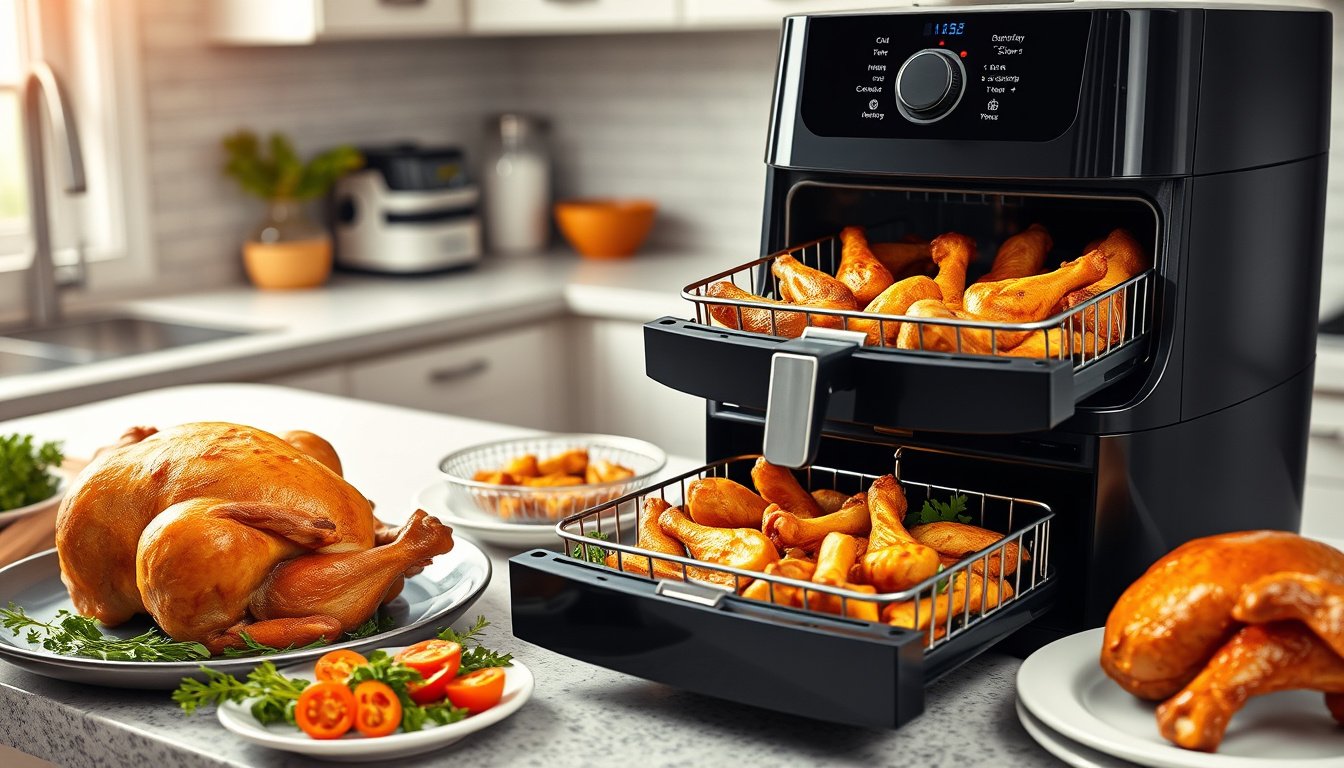 Large dual-basket air fryer cooking wings and vegetables in a bright modern kitchen