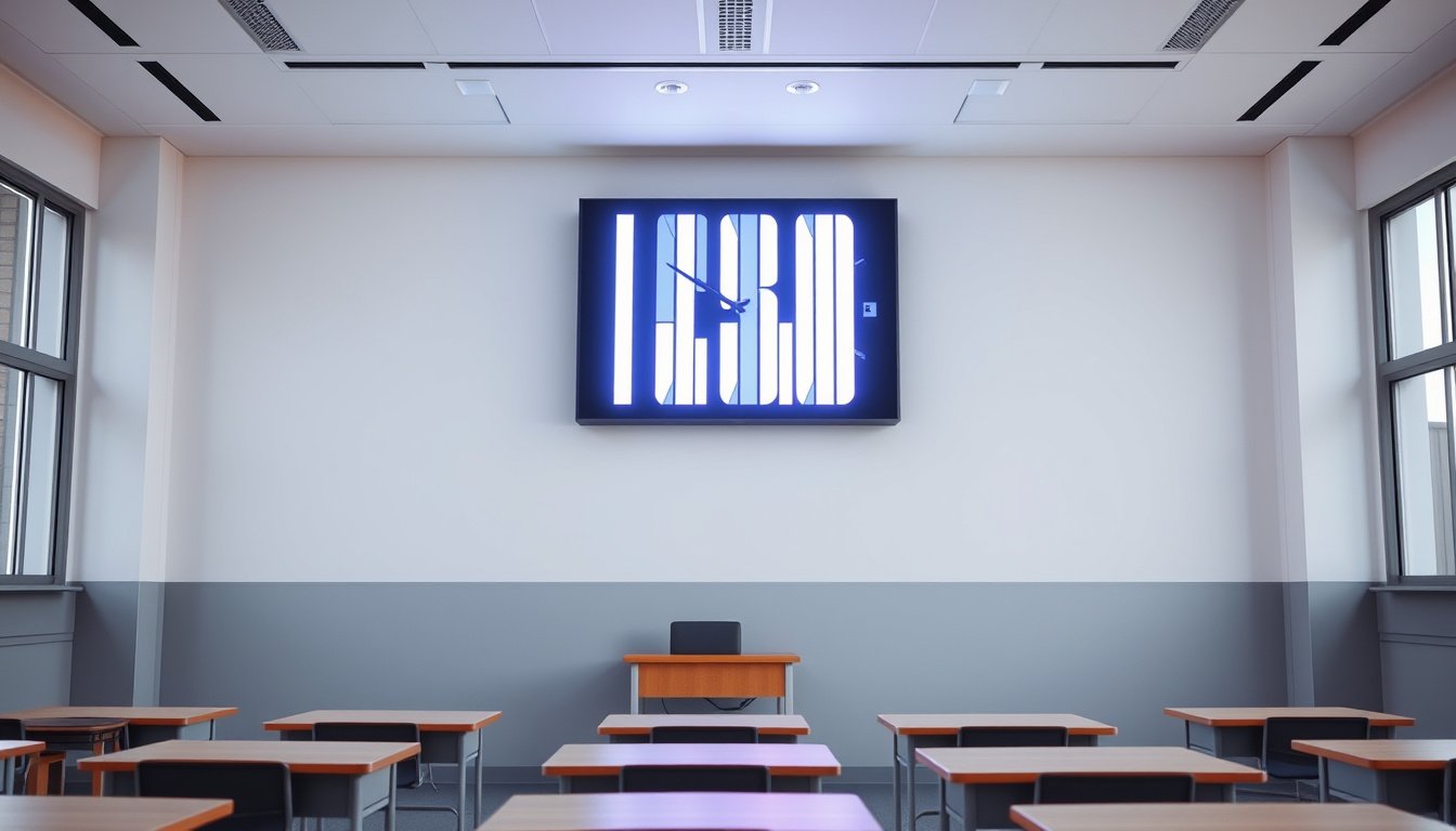 Large digital wall clock on a classroom wall with bright LED segments visible across the room