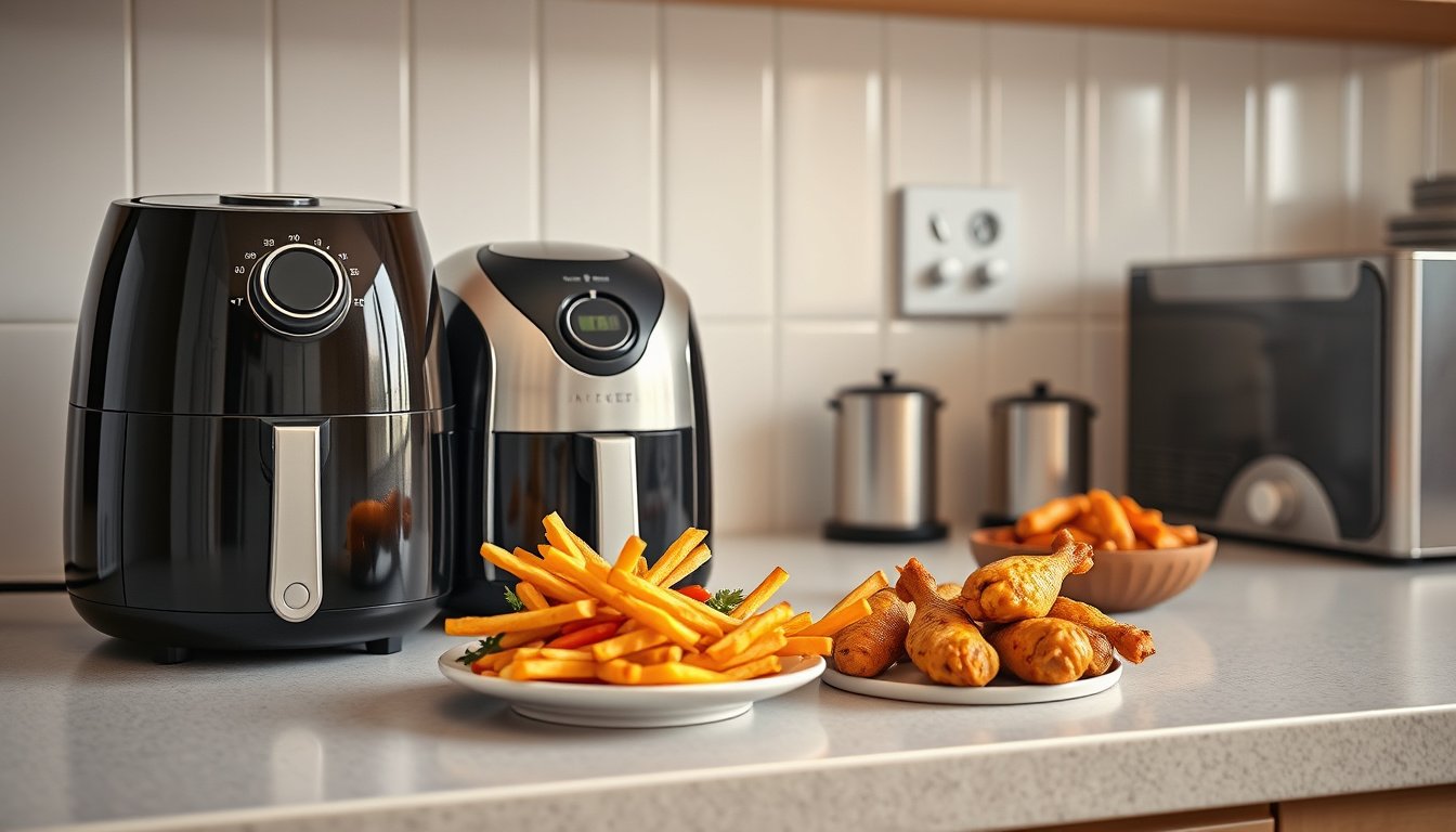 Compact low-wattage air fryers on a small kitchen counter with crispy food
