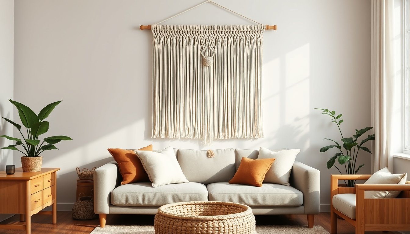 Cream macrame wall hanging above a neutral sofa in a cozy boho living room