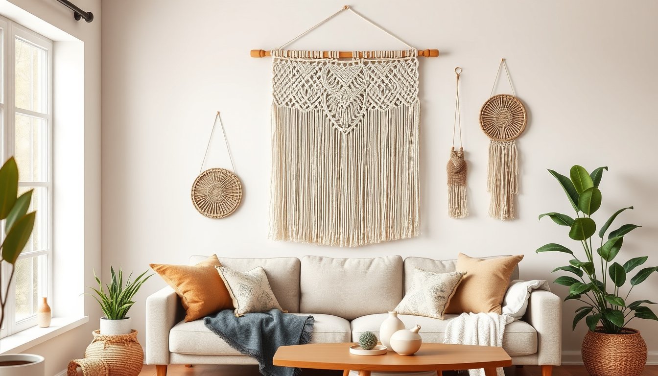 Macrame wall hangings styled above a neutral sofa in a warm boho living room