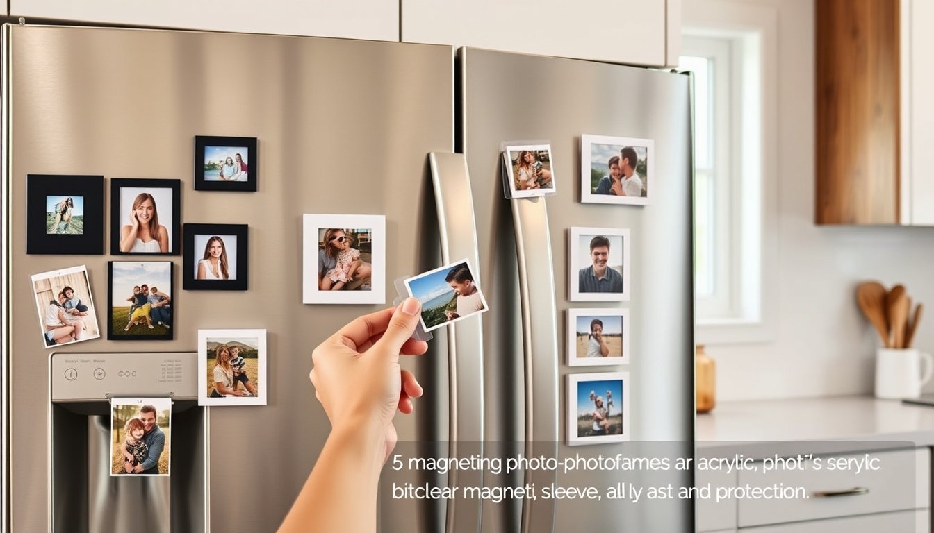 Nevera moderna con marcos magnéticos para fotos familiares