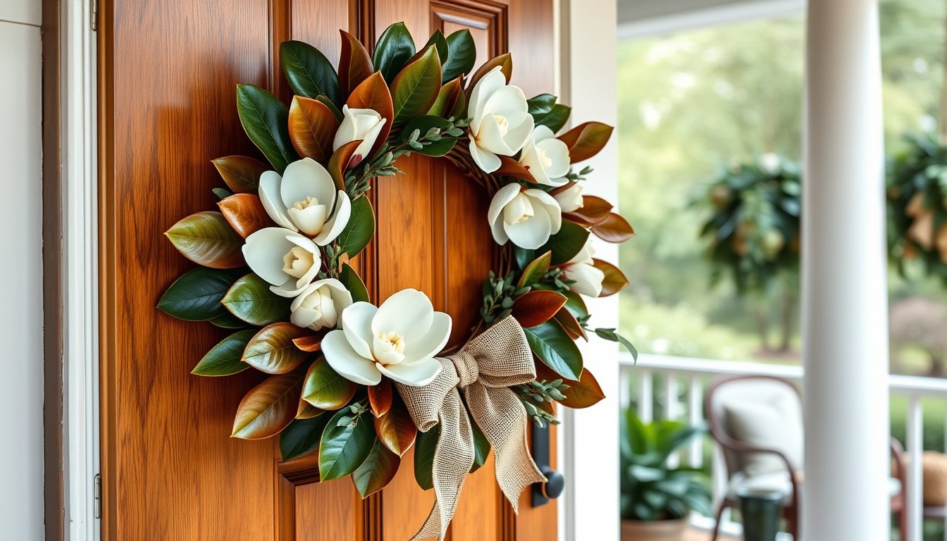 Magnolia wreath with blooms and greenery on a welcoming front door