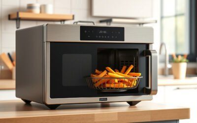 Stainless microwave air fryer combo cooking crispy fries in a compact modern kitchen