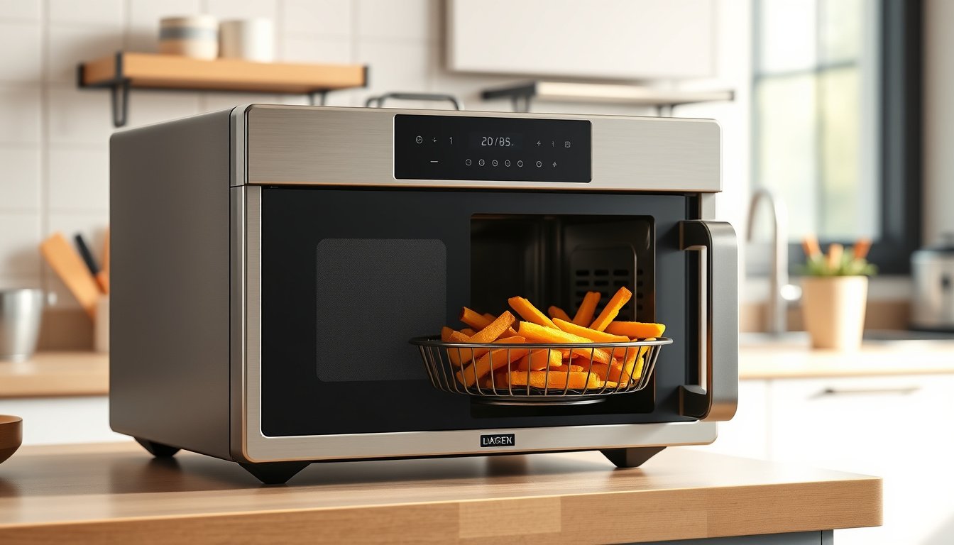 Stainless microwave air fryer combo cooking crispy fries in a compact modern kitchen