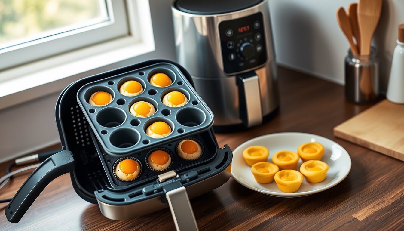Silicone egg bite mold in an air fryer with muffins and egg bites on a kitchen counter