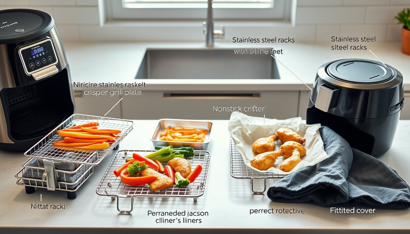 Ninja-style air fryer with racks, crisper plate, shield, liners, and cooked food on a kitchen counter
