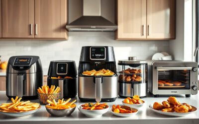 A lineup of modern air fryers with crispy foods on a bright kitchen countertop
