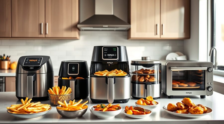 A lineup of modern air fryers with crispy foods on a bright kitchen countertop
