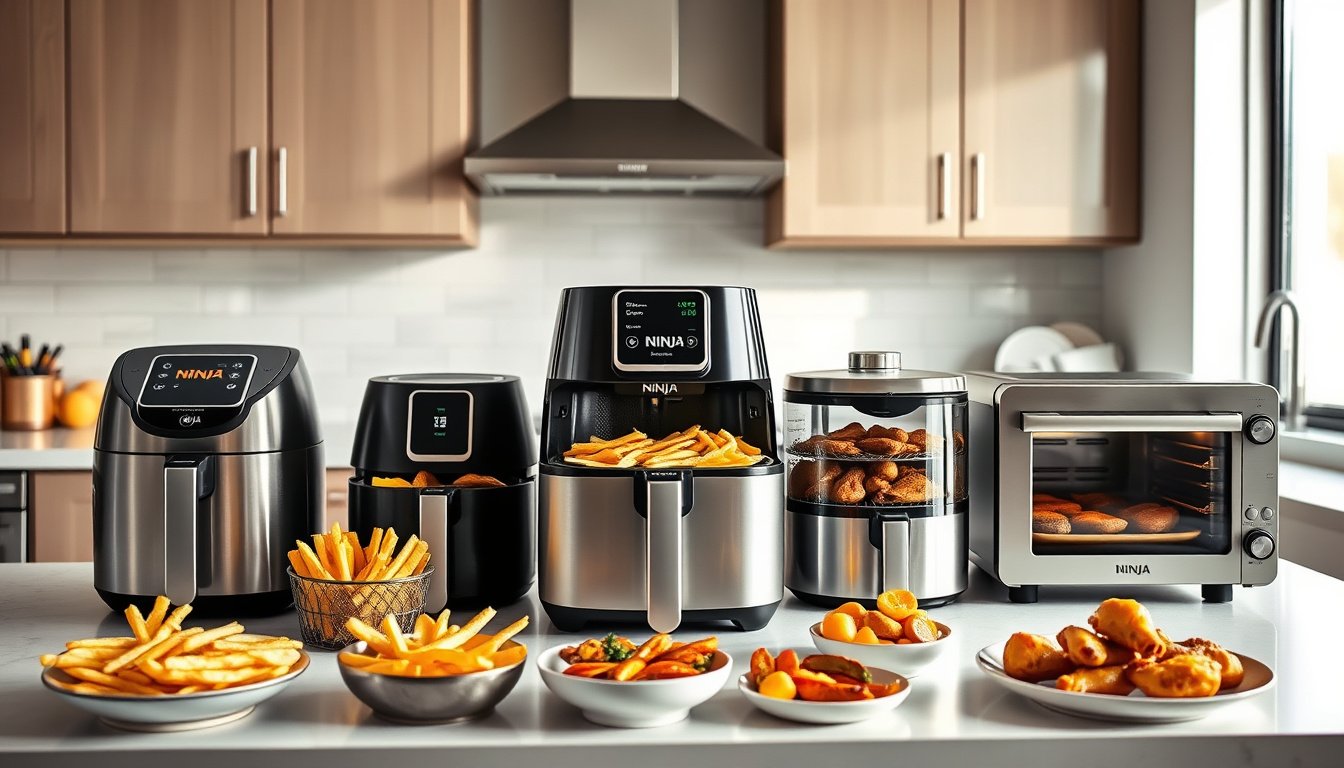 A lineup of modern air fryers with crispy foods on a bright kitchen countertop