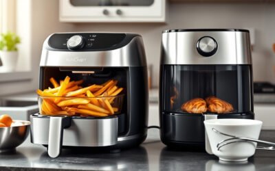 Dos freidoras de aire compactas cocinando papas, verduras y pollo en una cocina moderna