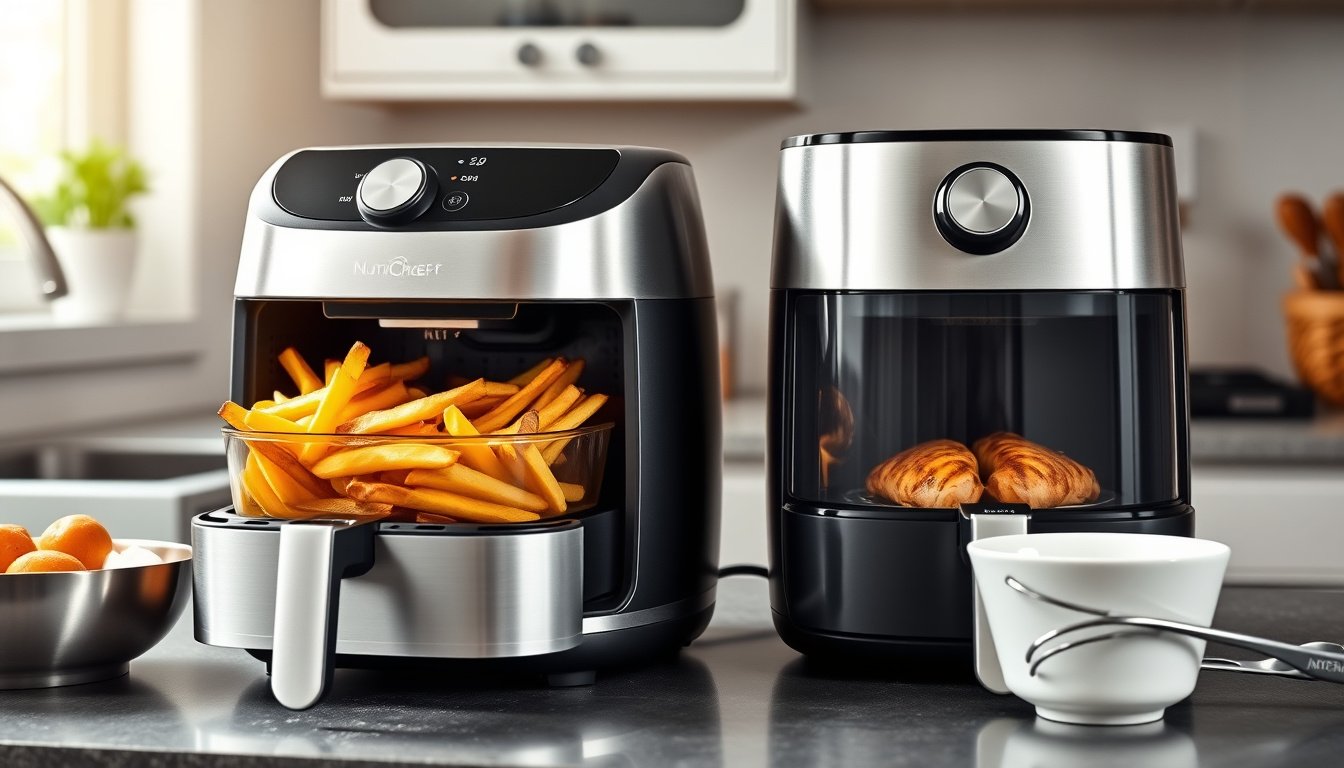 Dos freidoras de aire compactas cocinando papas, verduras y pollo en una cocina moderna