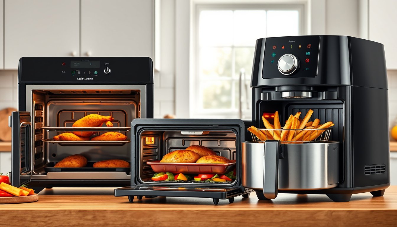 Unbranded air fryer ovens on a kitchen counter with crispy cooked food inside