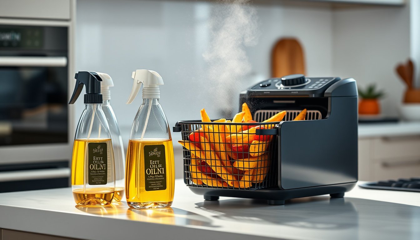 Glass oil sprayers misting food in an air fryer basket on a modern kitchen counter