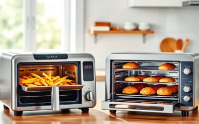Dos hornos freidores de aire sobre una encimera con comida crujiente y vapor